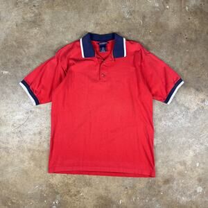 Vintage Fruit of the Loom Red Polo Shirt Men’s Large Navy White Collar Cuffs Y2K